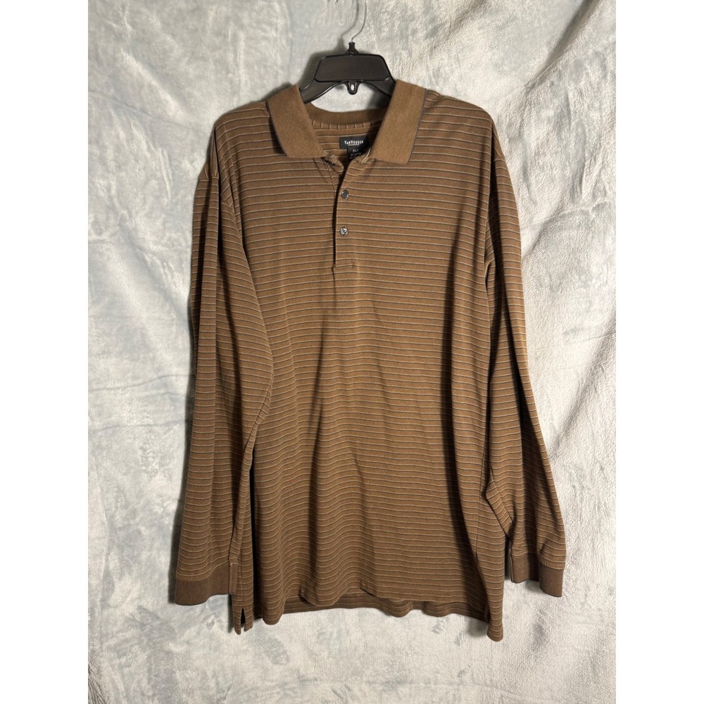 Van Heusen Mens 2XLT Brown Striped Long Sleeve Polo Shirt Cotton Blend Tall